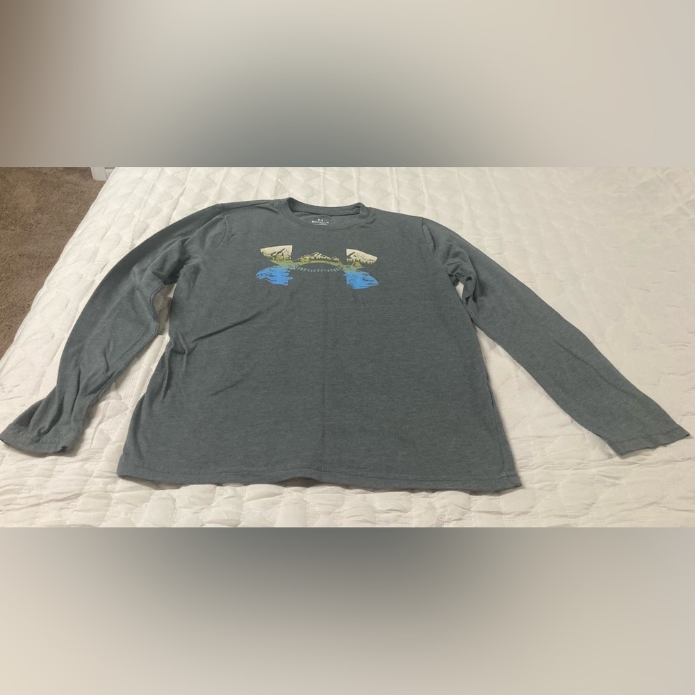 Under Armour Kid’s Charcoal Long Sleeve with Blue and Yellow Logo